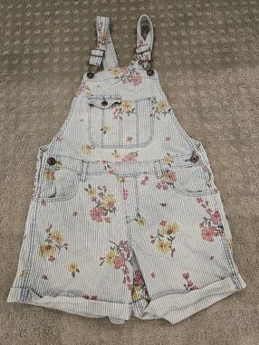 OshKosh B’Gosh Kids Floral Hickory Stripe Shortalls Blue White Overalls Size 10